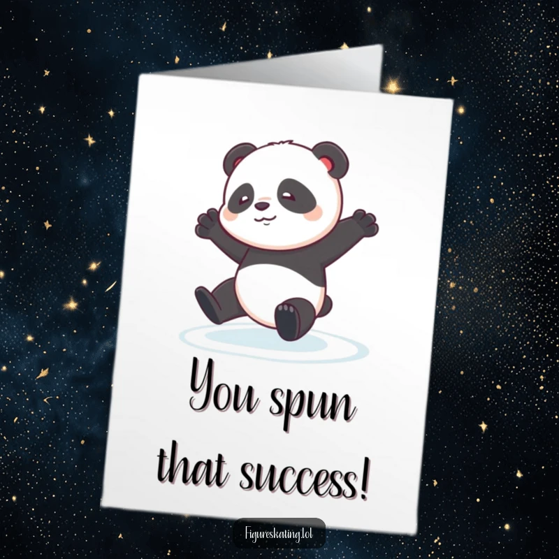 Funny Free Printable Congratulations Card: A contented panda cub stumbles slightly while attempting a pirouette on ice.