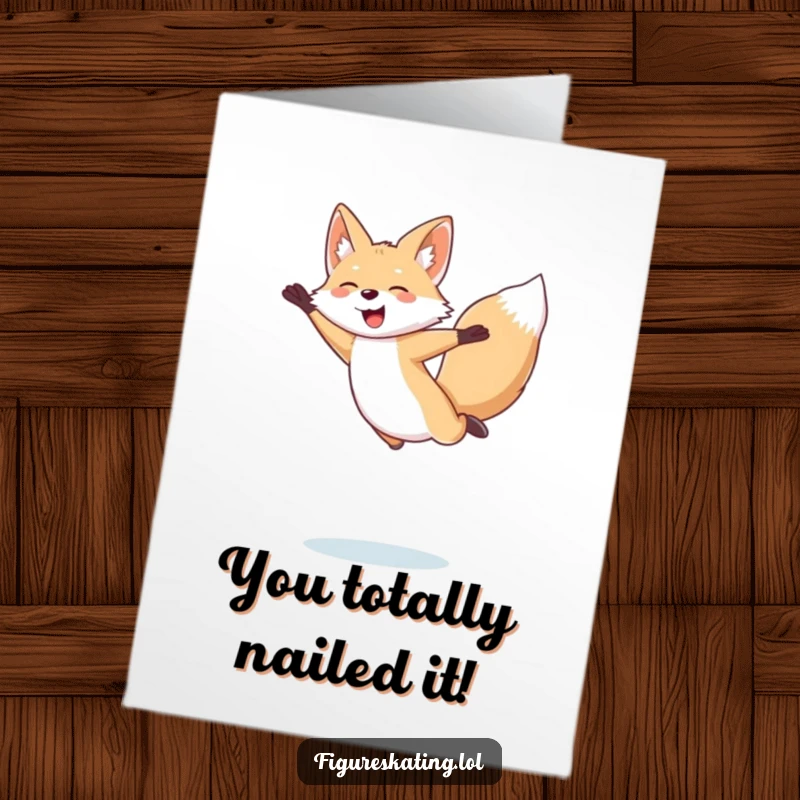 Funny Free Printable Congrats Card: Ecstatic arctic fox executing a graceful figure skating leap, celebrating victory, downloadable art.