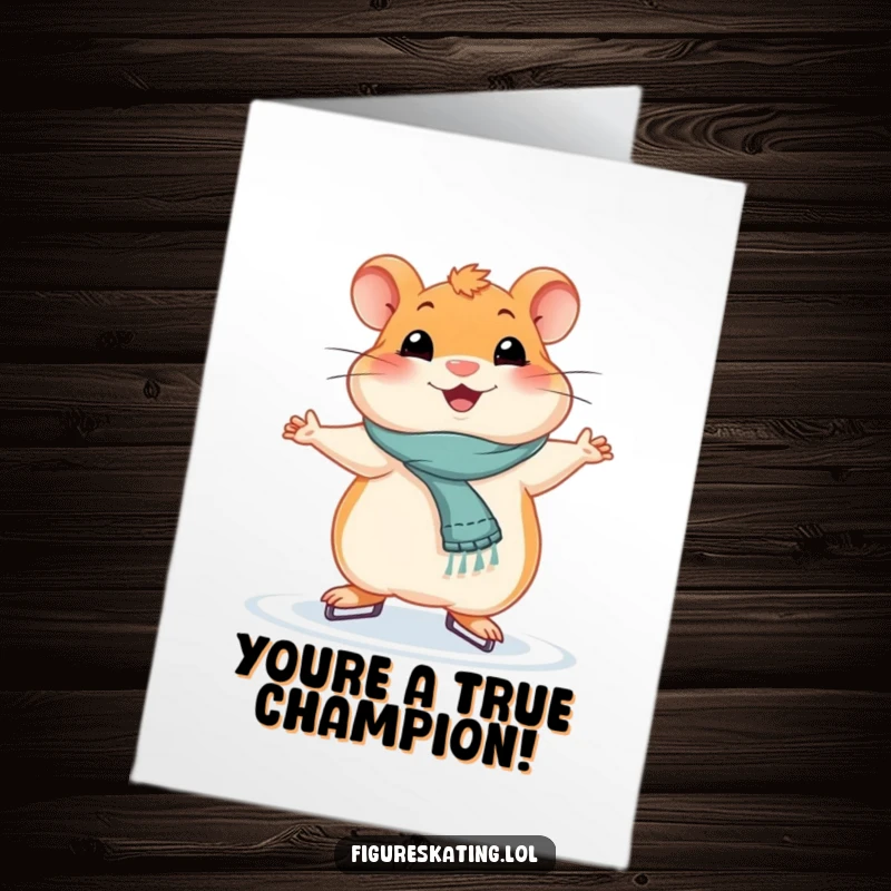 Funny Free Printable Congratulations Card: A smiling hamster holds a graceful ice skating pose, celebrating a win. Downloadable.