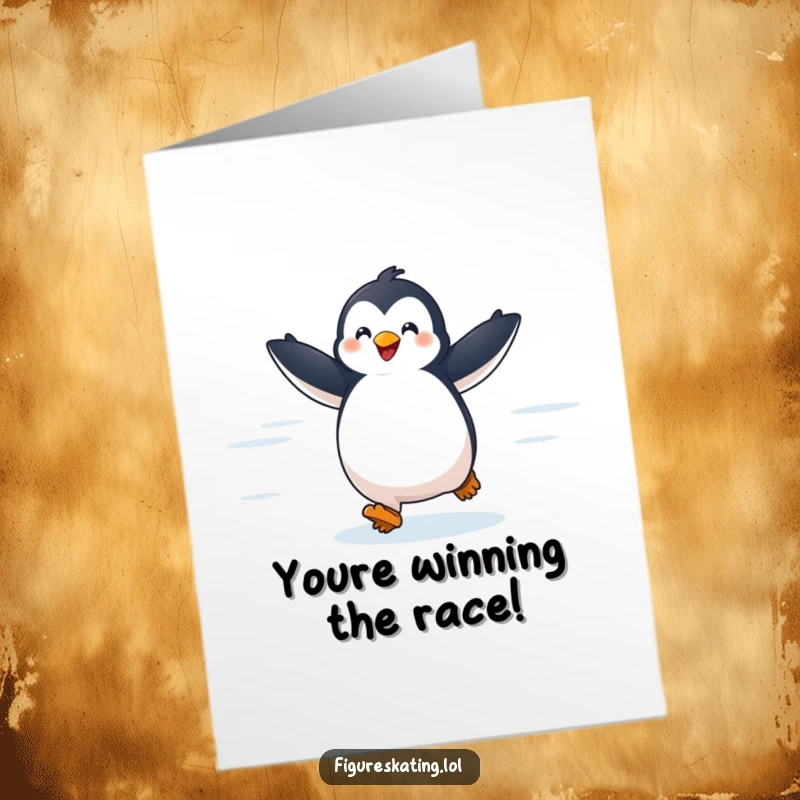 Funny Free Printable Congratulations Card: Delighted penguin gliding across ice with arms outstretched, celebrating success, downloadable art.