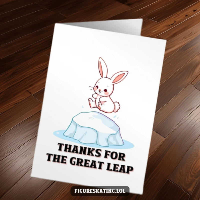 Funny Free Printable Thank You Card: A bunny gracefully leaping from a raised ice patch, a fun way to express gratitude.