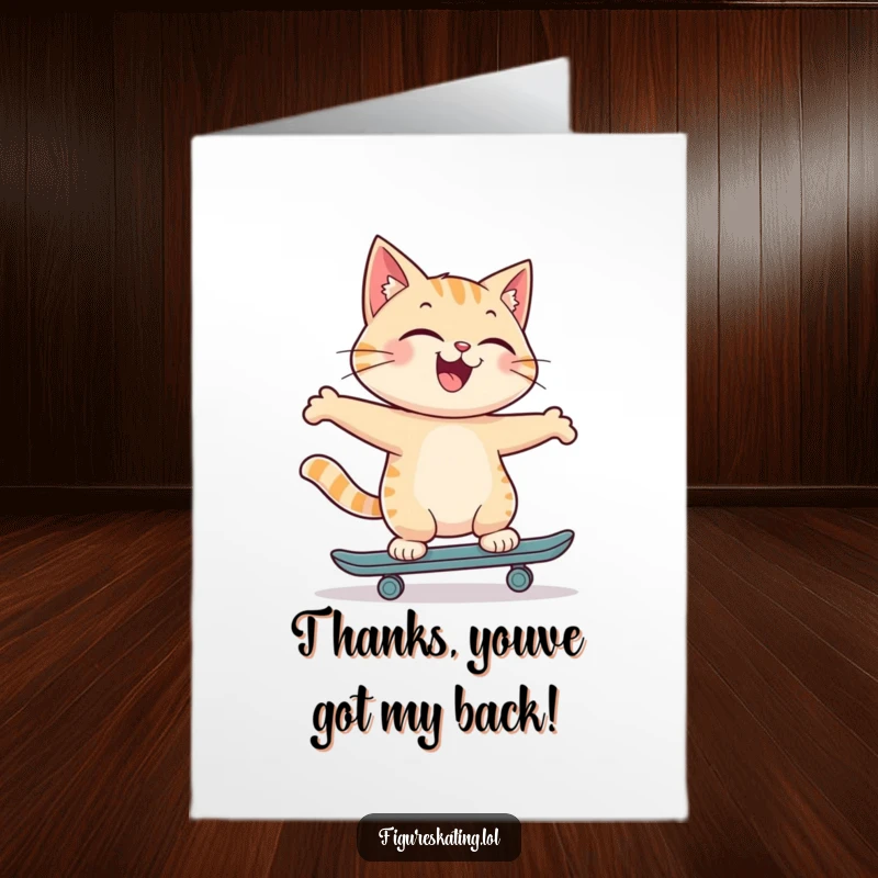 Funny Free Printable Thank You Card: Joyful cat skates backwards with a proud smile, thankful and showing off skills, downloadable art.