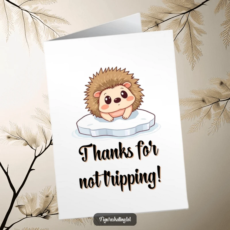 Funny Free Printable Thank You Card: A tiny hedgehog is caught mid-slip on the ice, looking comically surprised.