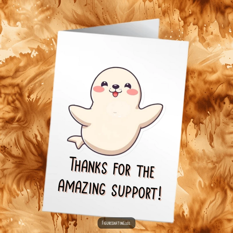 Funny Free Printable Thank You Card: Happy seal spinning gracefully on one flipper, thankful and showing off, downloadable art.