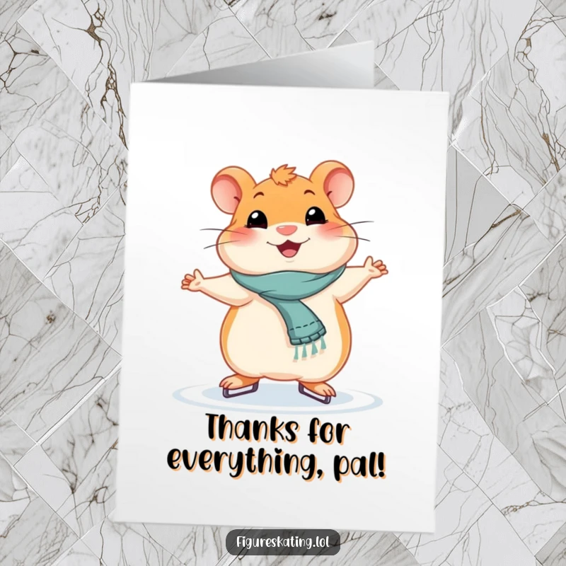 Funny Free Printable Thank You Card: A smiling hamster holds a graceful ice skating pose, conveying thanks. Print at home.