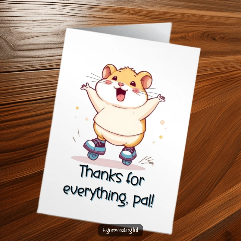 Funny Free Printable Thank You Card: A chubby hamster spinning on skates, conveying thanks with a happy wobble.