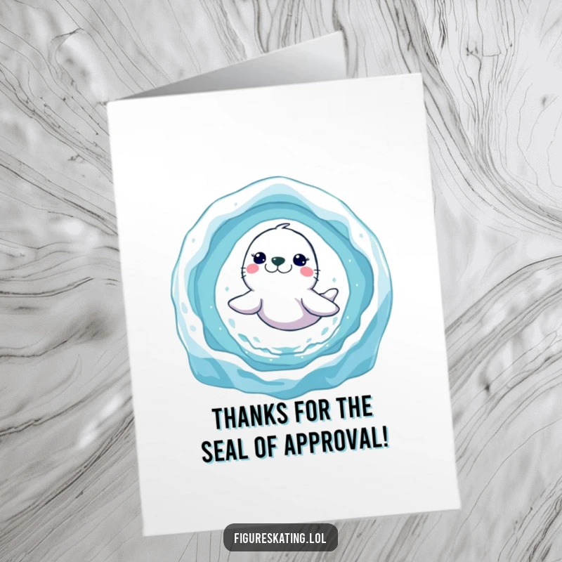 Funny Free Printable Thank You Card: A smiling seal mid-air, performing a spectacular jump through an ice ring.