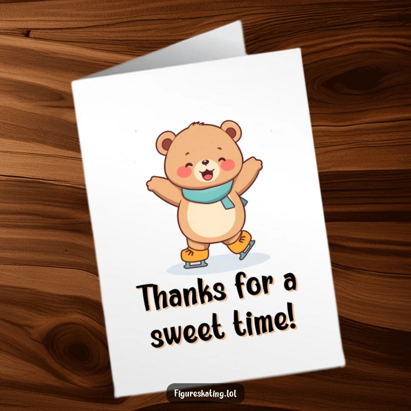 Funny Free Printable Bear Cub Thank You Card: A joyful, round bear cub executing a dazzling spin on ice skates.