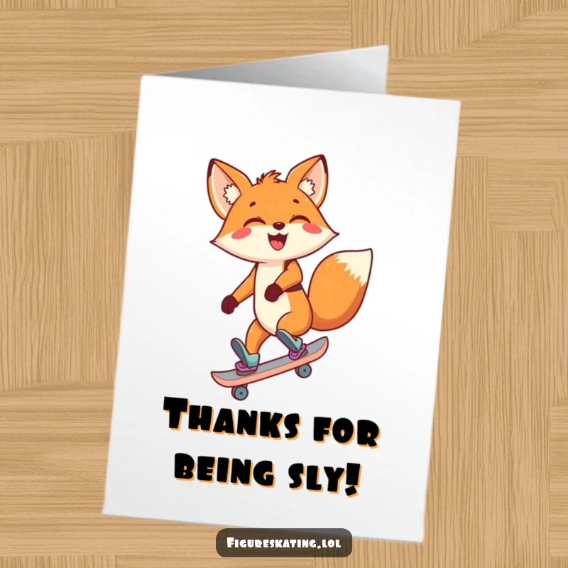Funny Free Printable Thank You Card: A delighted fox performs a backwards skate with a big smile, expressing genuine appreciation.