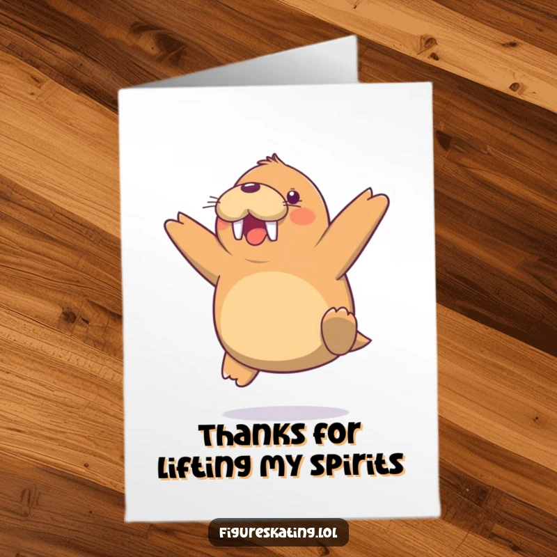 Funny Free Printable Thank You Card: Cheerful walrus in a surprising mid-air jump, showing thanks.