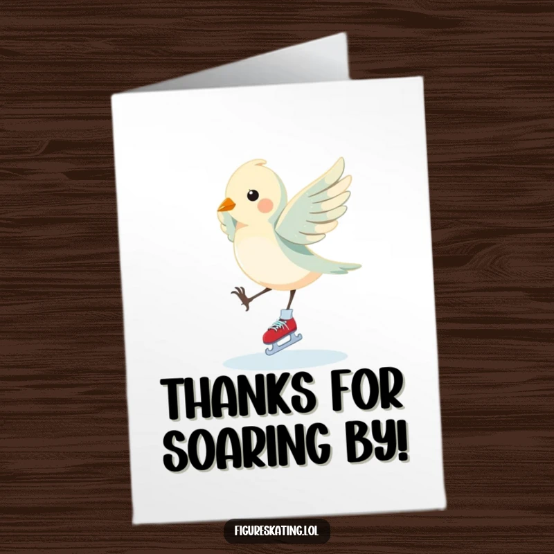 Funny Free Printable Thank You Card: Elegant bird performing a pirouette on ice skates, expressing thanks.