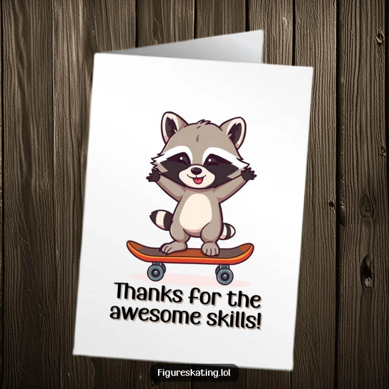 Funny Free Printable Thank You Card: A mischievous raccoon balances on one skate, arms akimbo, with a cheeky grin.