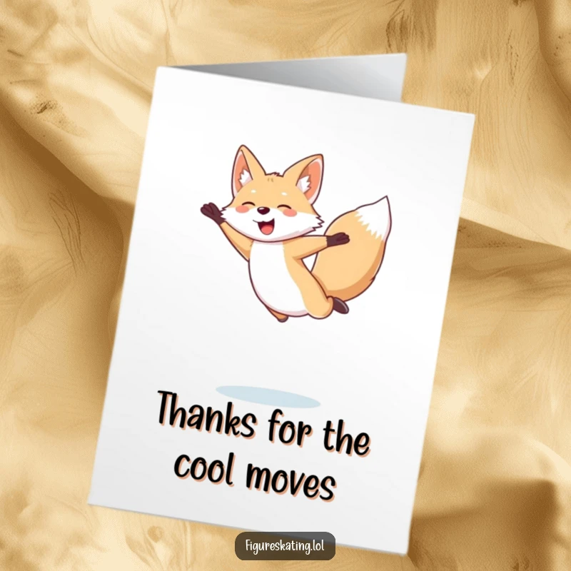 Funny Free Printable Thank You Card: Amused arctic fox mid-figure skating jump, sending thanks with a smile, downloadable art.