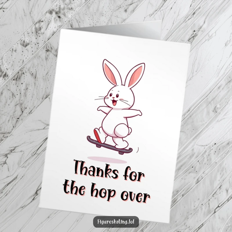 Funny Free Printable Thank You Card: A playful rabbit skating backward, full of expressive gratitude.