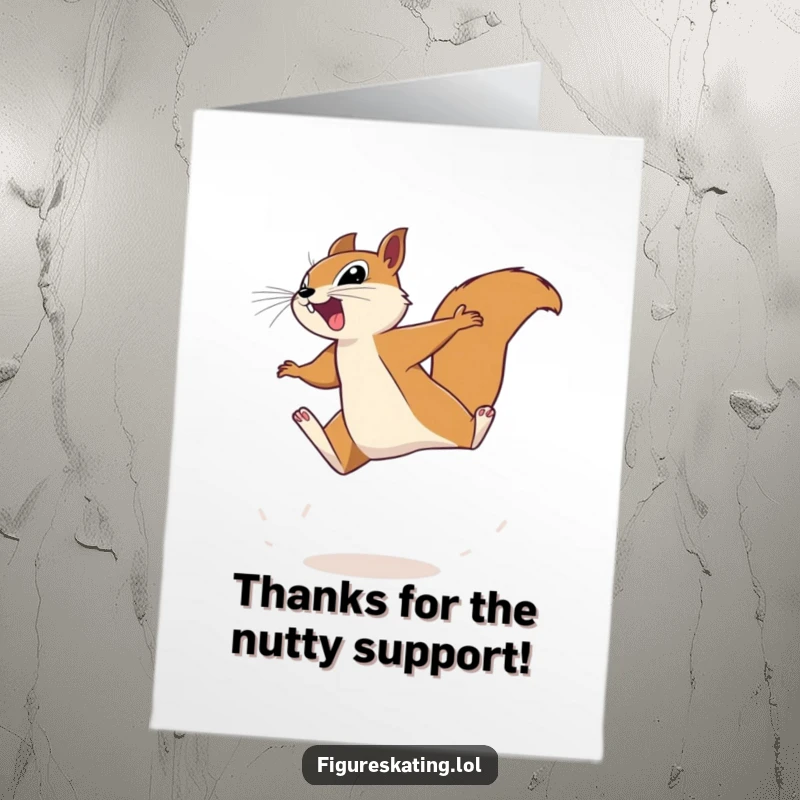 Funny Free Printable thank you card features a determined squirrel leaping joyfully, expressing sincere thanks with a comical pose.