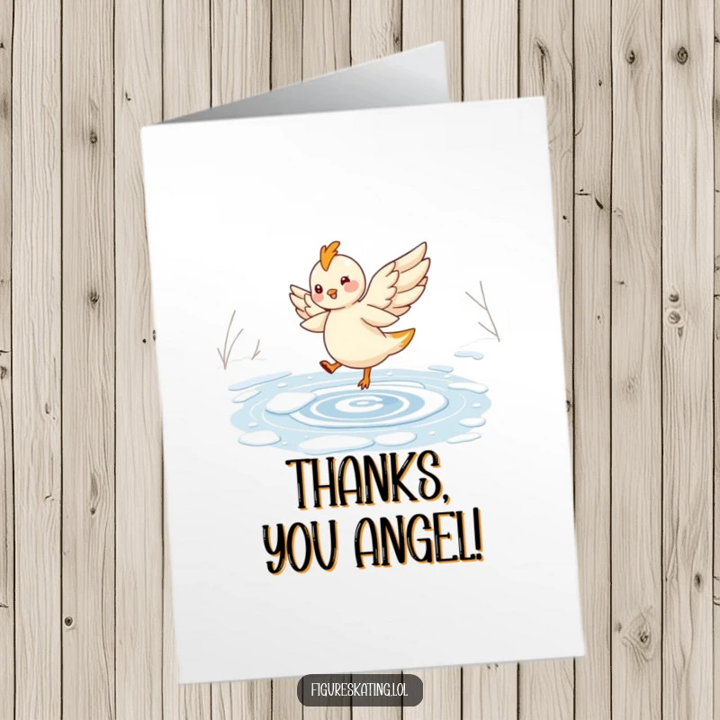 Funny free printable thank you card featuring a cheerful, winged creature twirling elegantly on a frozen pond, offering thanks.