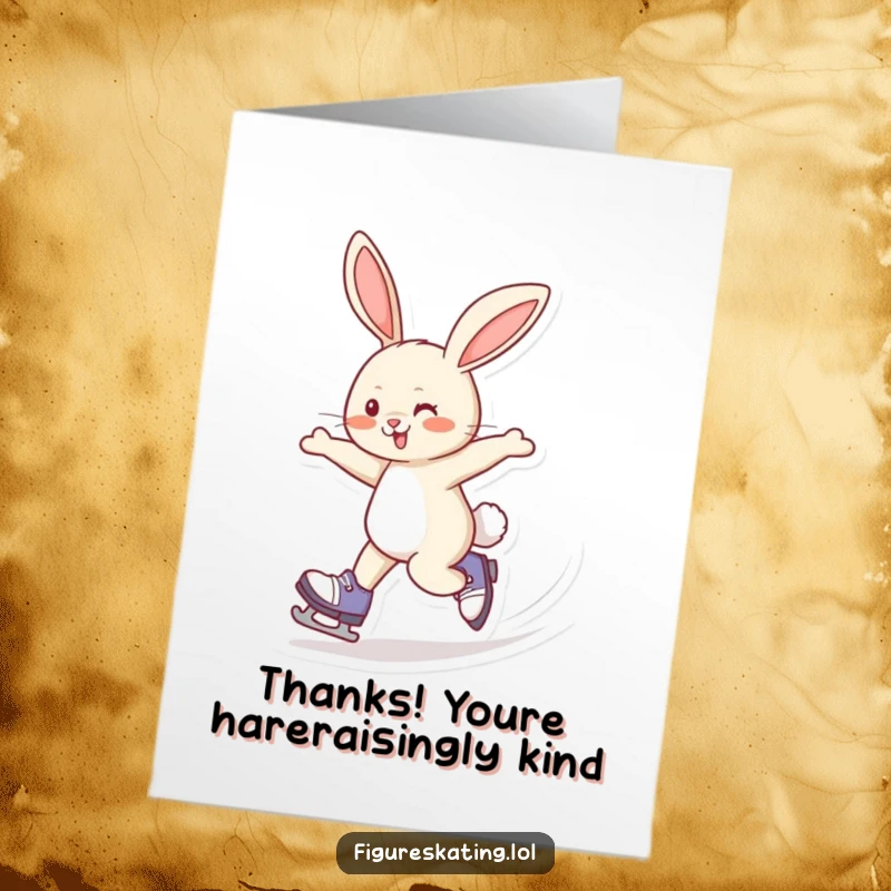 Funny Free Printable Thank You Card: A giggling rabbit figure skating rapidly to deliver thanks.