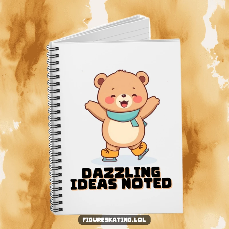 Funny notebook with a joyful, round bear cub performing a dazzling spin on ice skates, for capturing winter thoughts.