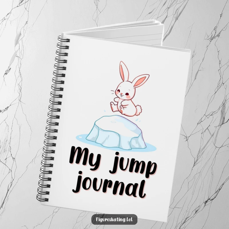 Funny bunny gracefully leaping from an ice patch on a notebook cover, inspiring cheerful writing and playful thoughts.
