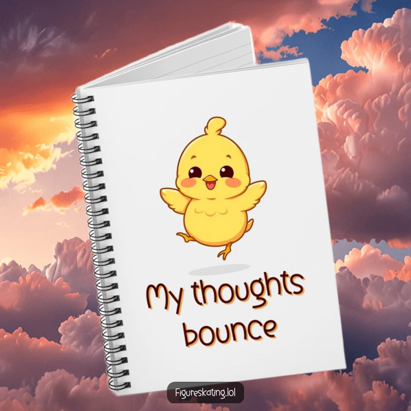 Funny notebook with a smiling chick doing a mini-jump, inspiring cheerful notes and bright ideas.