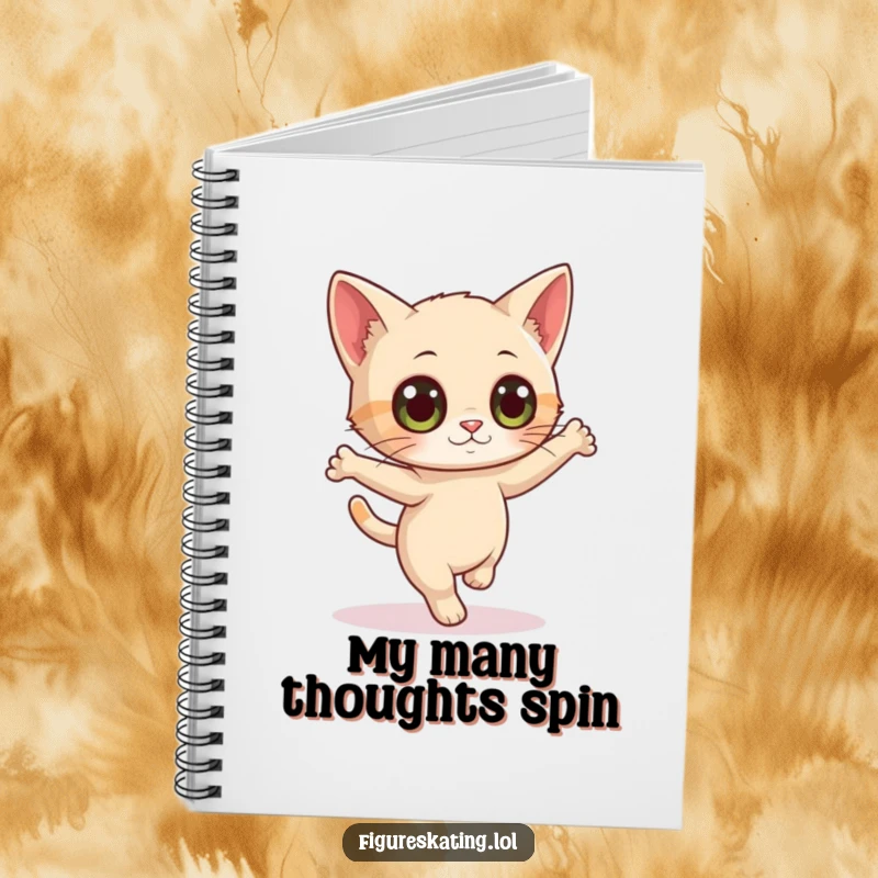 Funny notebook with a curious cat with wide eyes attempting a delicate pirouette, perfect for jotting down creative thoughts.