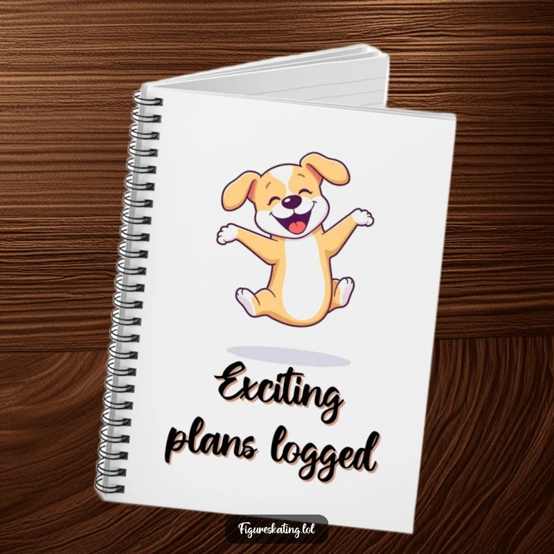 Funny dog ice skating notebook featuring a joyful dog mid-triple axel, inspiring energetic thoughts and exciting note-taking.
