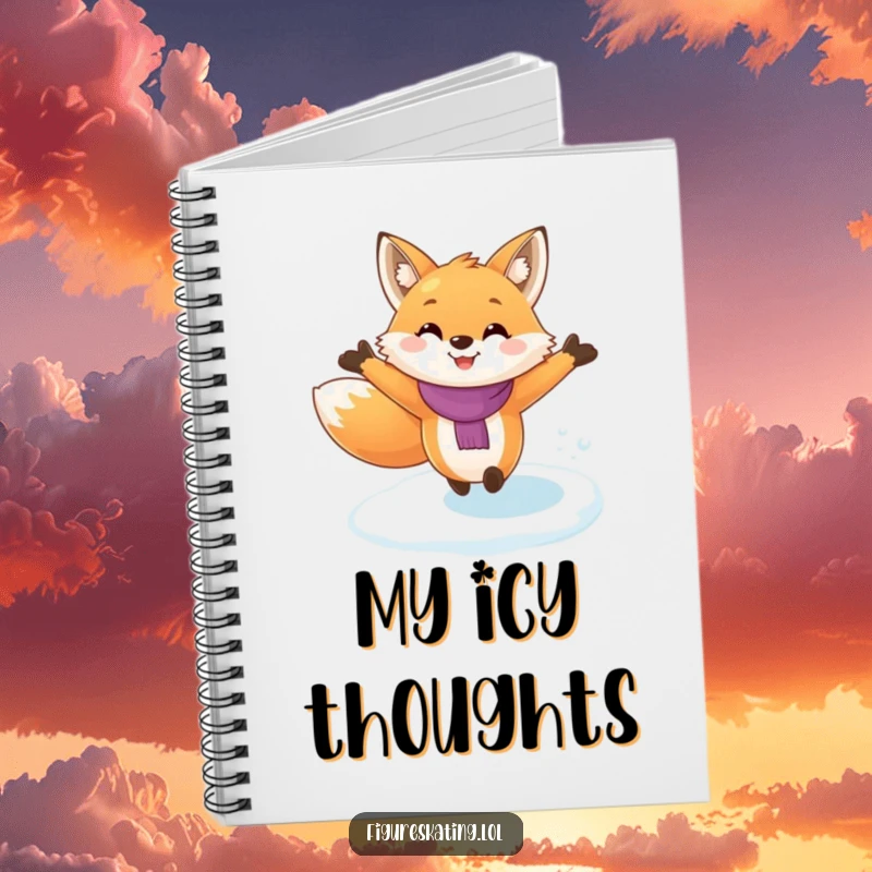 Funny fox ice skating notebook, showing a fox joyfully ice skating with arms outstretched, ready to capture your funniest thoughts and notes.