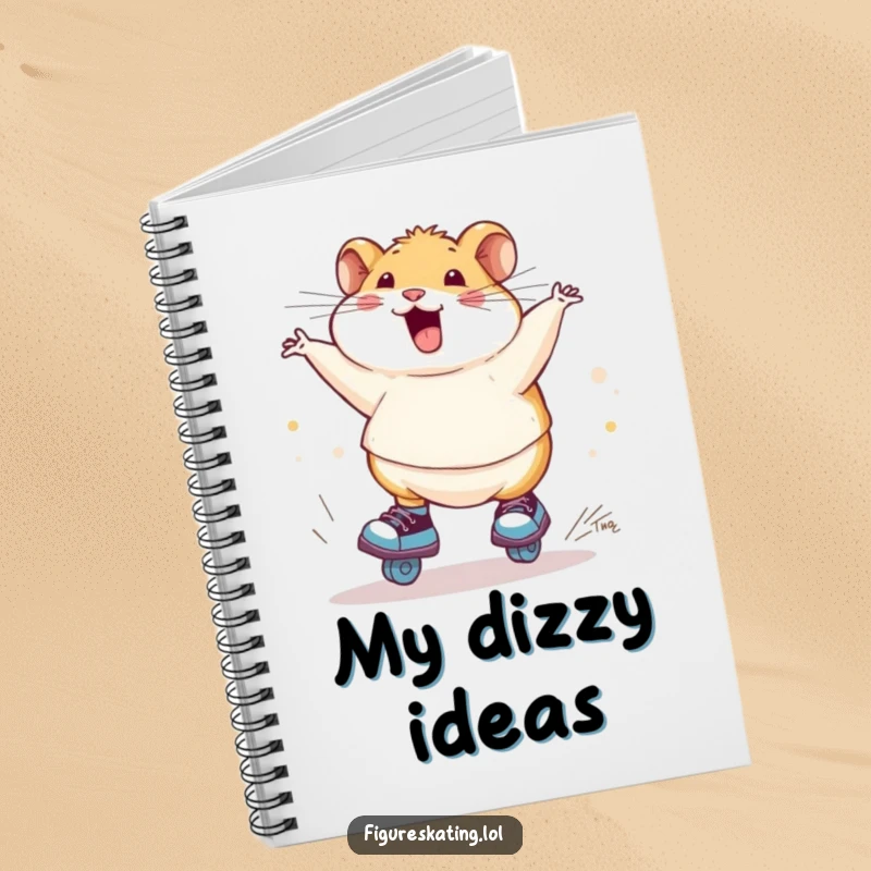 Funny chubby hamster ice skating notebook, showing a hamster spinning on skates, ready to record your funniest thoughts and ideas.