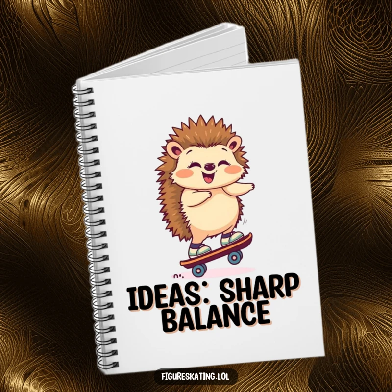 Funny notebook with a giggling hedgehog balancing on one skate, inspiring creative thoughts and organized madness.