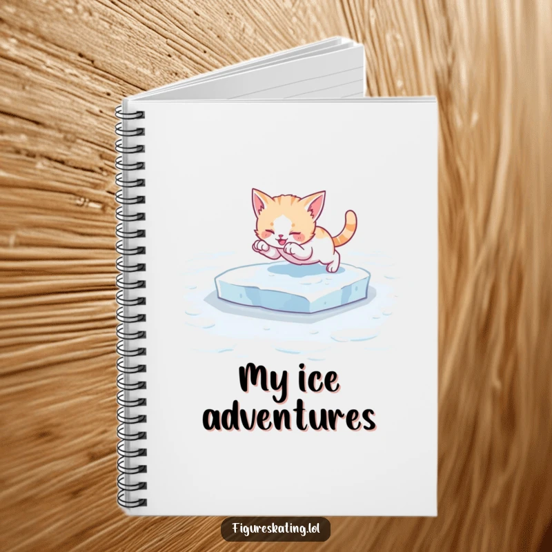 Funny kitten ice skating notebook, showing a cat striking a pose on ice skates, ready to hold all your funny thoughts and notes.