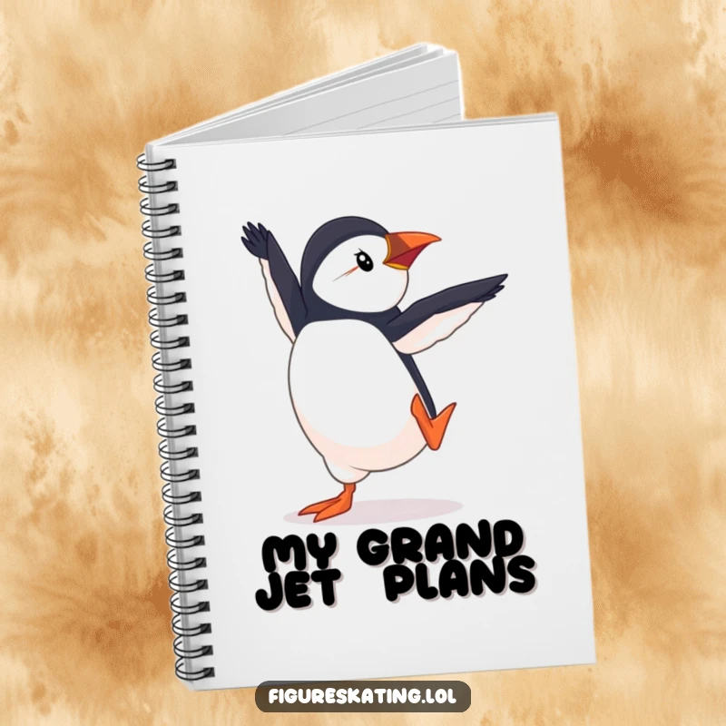 Funny Puffin Pirouette Notebook, featuring a determined puffin in an elegant pirouette, ideal for journaling creative ideas with a humorous touch.