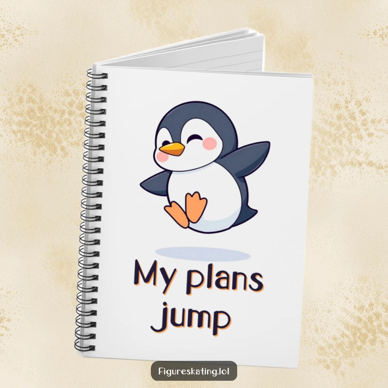 Funny notebook cover with a shy penguin attempting a wobbly jump with a grin, capturing adorable effort and bravery.