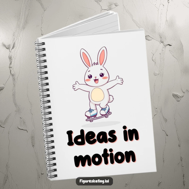 Funny notebook with a happy bunny gliding on skates, arms wide open, perfect for jotting down ideas.