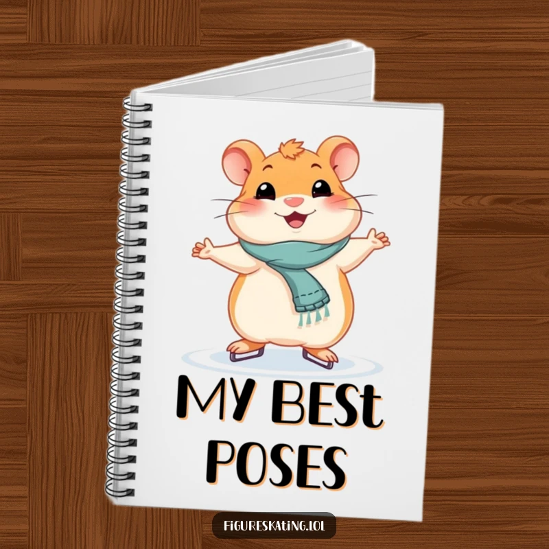 Funny smiling hamster in a graceful ice skating pose on a notebook cover, inspiring humorous journaling.
