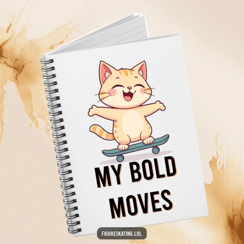 Funny notebook with a joyful cat skating backwards with a proud smile, perfect for jotting down cool ideas with feline flair.