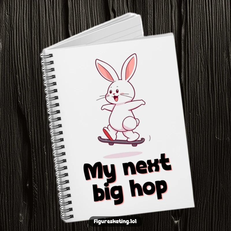 Funny notebook with a playful rabbit joyfully leaping while skating backward, ideal for jotting notes.