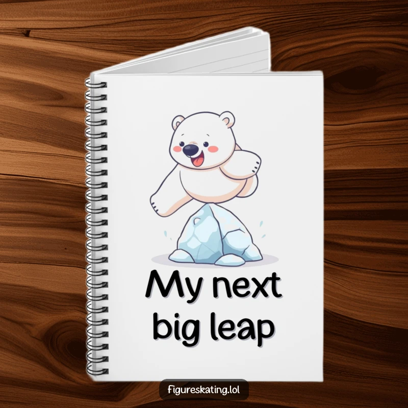 Funny polar bear notebook depicting a determined bear humorously leaping over a small ice sculpture, for capturing notes and ideas.