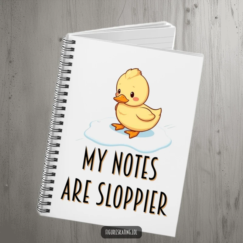Funny wobbly duckling sliding on ice, featured on a notebook cover, inspiring humorous journaling.