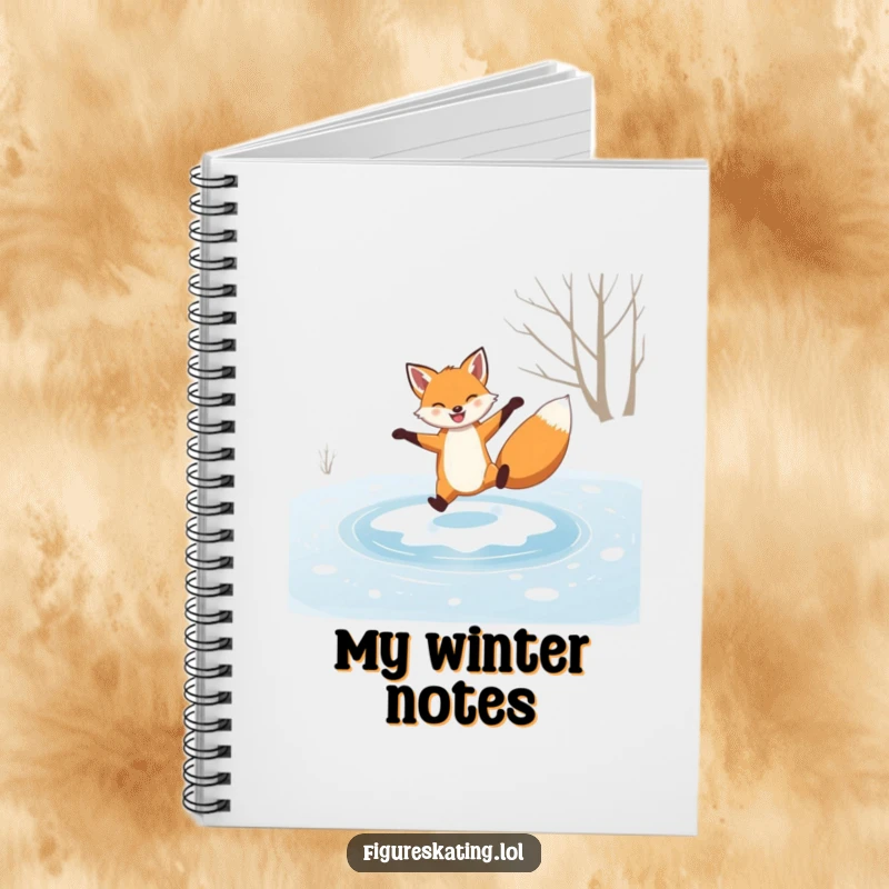 Funny notebook, grinning fox performing a graceful spin on a frozen pond, for jotting down sly ideas and winter thoughts.