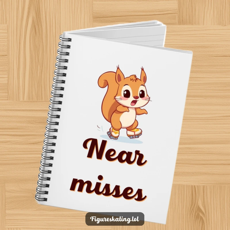 Funny notebook with a playfully surprised squirrel narrowly avoiding a collision on ice skates, inspiring quick thinking.