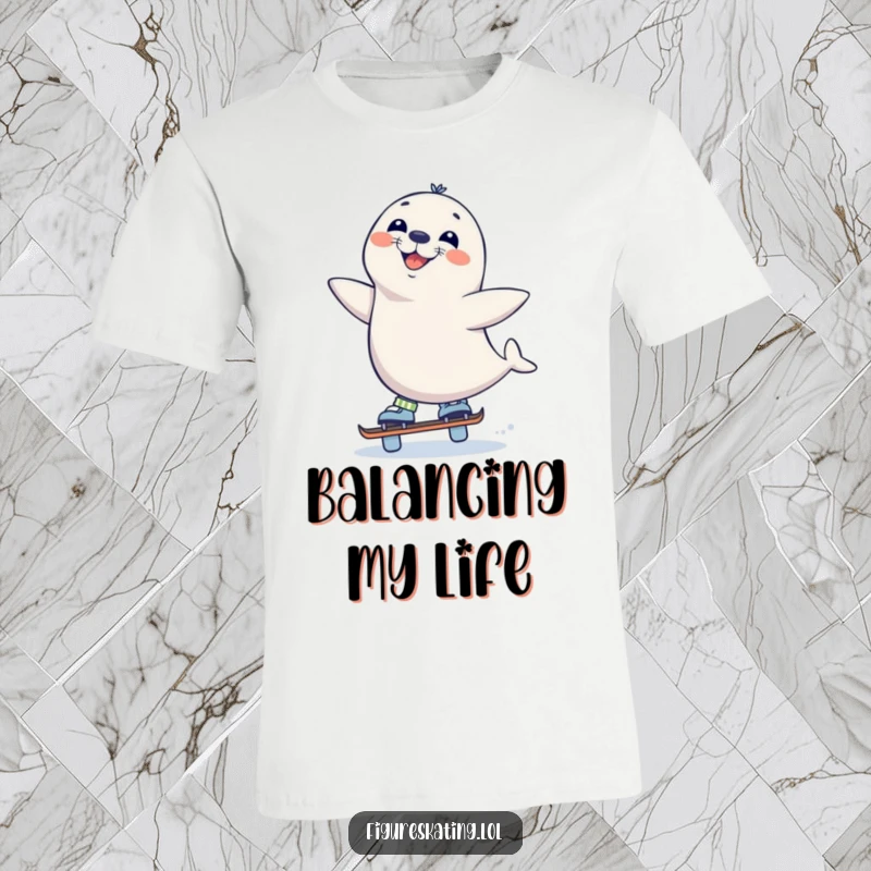 Funny Seal Skate T-Shirt, a curious seal balancing on one skate with a wide grin, depicting joyful ice skating skill.