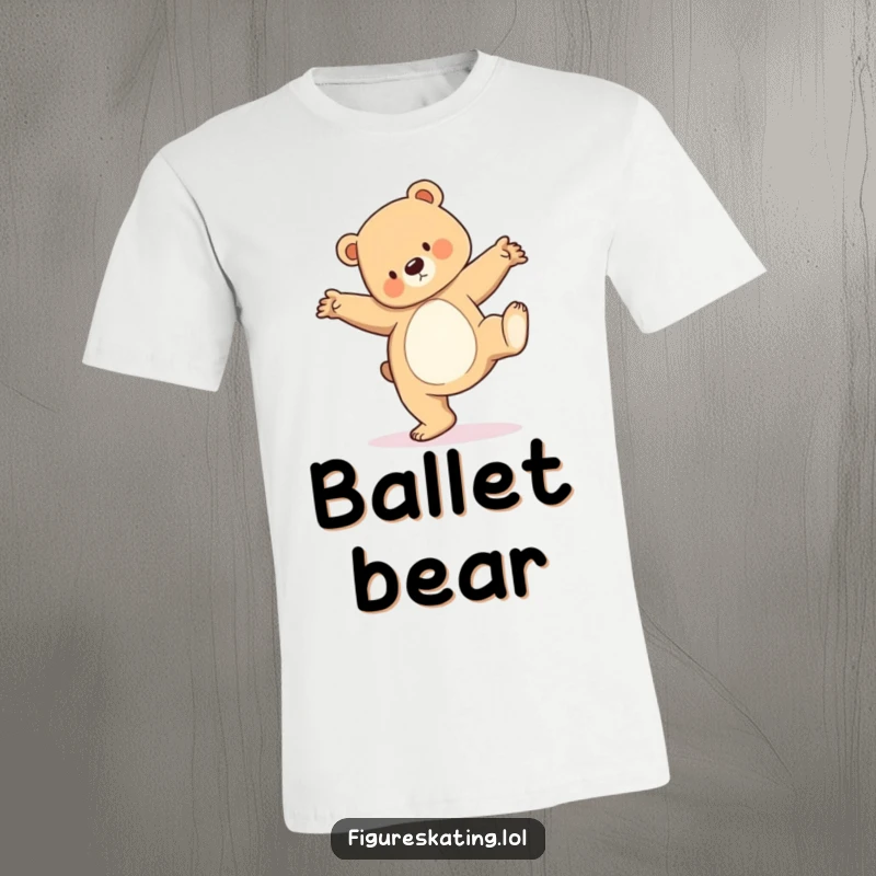 Funny t-shirt print of a bear cub performing a surprisingly elegant pirouette, capturing adorable balletic motion.