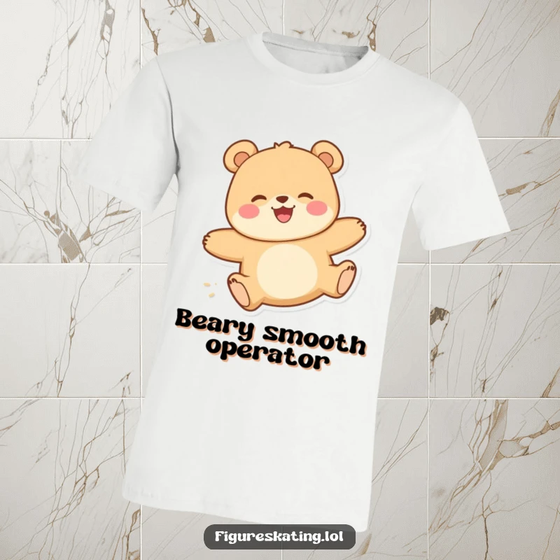 Funny t-shirt showcasing a happy bear with a delighted expression gliding smoothly, radiating infectious happiness and playful energy.