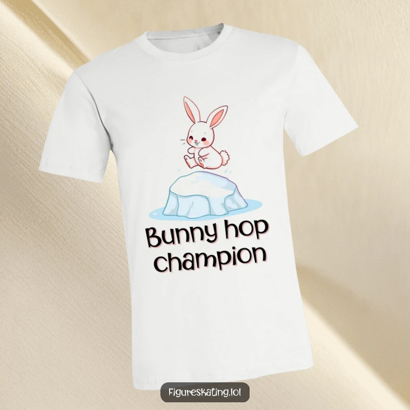 Funny bunny gracefully leaping from an ice patch on a t-shirt, showcasing agility and playful spirit.