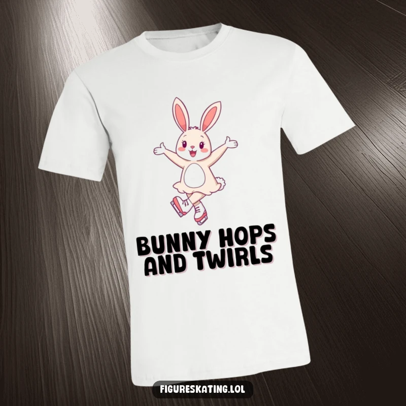 Funny t-shirt with a cheerful bunny gracefully twirling on ice skates with elegant, extended arms, looking joyful.