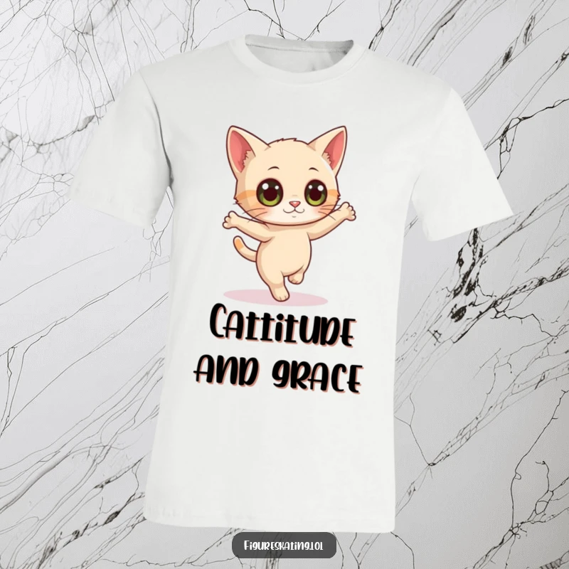 Funny t-shirt showcasing a curious cat with wide eyes attempting a delicate pirouette, embodying playful elegance and charm.