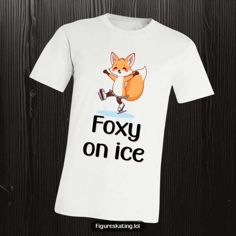 Funny fox ice skating t-shirt depicting a cheerful fox in a beautiful arabesque pose on skates, radiating confidence and style.