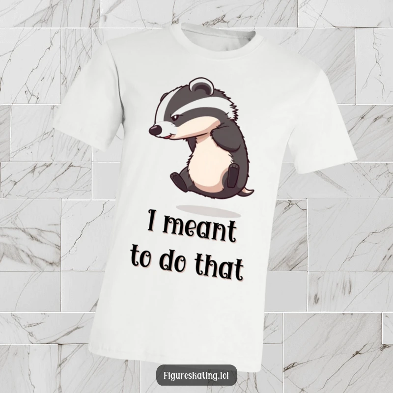 Funny t-shirt showcasing a determined badger losing its balance while attempting a spin on an ice rink. A humorous present.