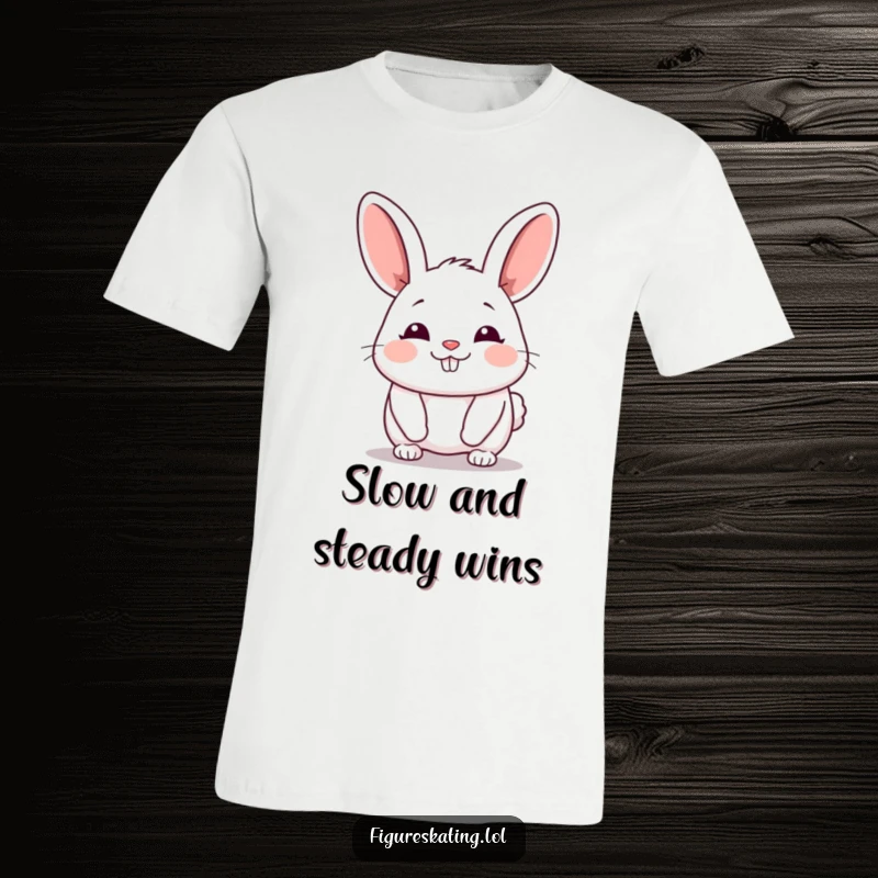 Funny Bunny T-Shirt depicting a chubby cartoon bunny gliding forward with a happy sigh, ideal for comfortable casual wear.