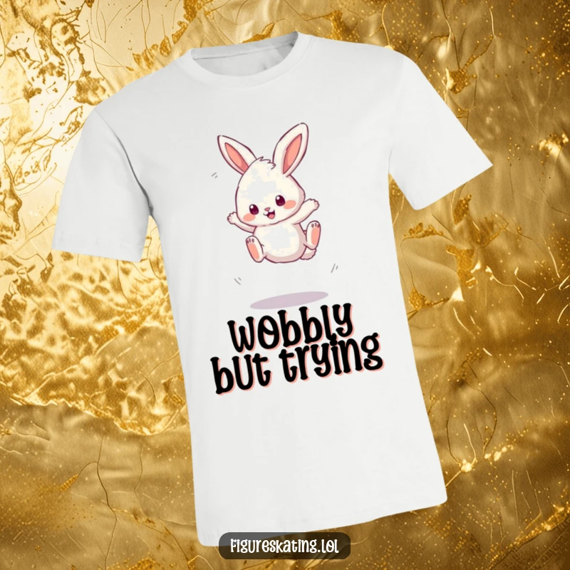 Funny t-shirt with a fluffy bunny mid-wobbly triple jump, capturing the spirit of enthusiastic effort and adorable clumsiness.
